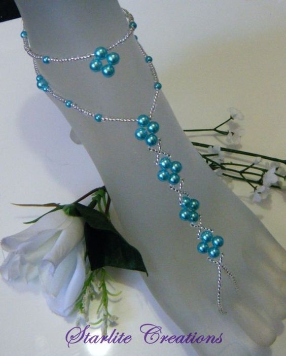 Barefoot Sandals with Anklets  " Turquiose Blue Pearl "   Bridal Foot Jewellery 