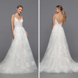 DaVinci Bridal 50768 A-Line Ballgown Floral Lace Deep V-Neck Open Back  Spaghetti Straps Wedding Gown